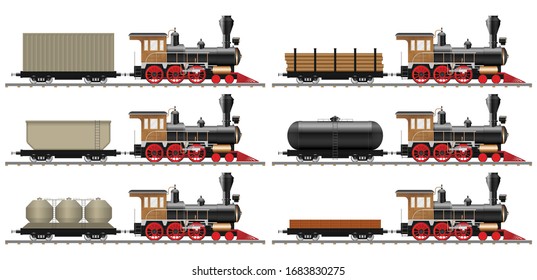 Vintage steam locomotive and wagon vector illustration isolated