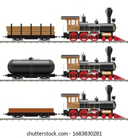 Vintage steam locomotive and wagon vector illustration isolated