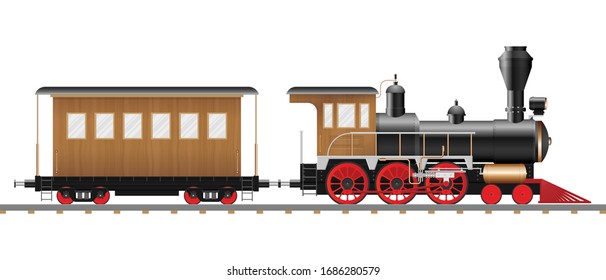 Vintage steam locomotive and wagon vector illustration isolated