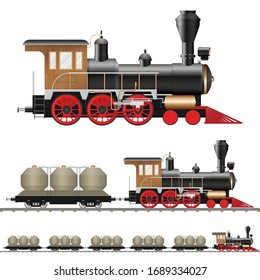 Vintage steam locomotive and wagon vector illustration isolated