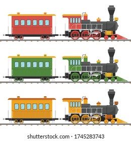 Vintage steam locomotive and wagon vector illustration isolated