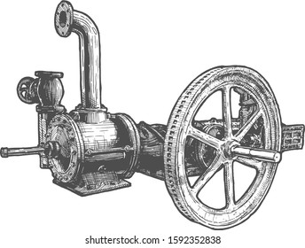 Vintage steam piston and flywheel. Vector hand drawn illustration of Steam Engine in vintage engraved style. Isolated on white background.