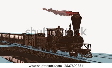 Vintage steam train illustration with a classic locomotive and carriages. The steam train travels on tracks, showcasing a retro, historical train design. Vintage art illustration vector.