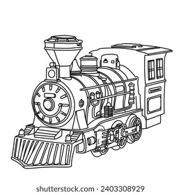 Vintage steam train locomotive engine, line art style old retro sketch hand drawn side view vector illustration isolated on white background