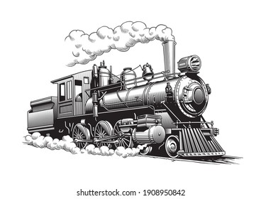 Vintage steam train locomotive, engraving style vector illustration