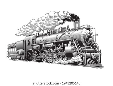 Vintage steam train locomotive, engraving style vector illustration