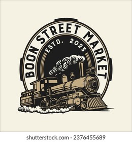 Vintage steam train locomotive, engraving style vector illustration. Logo 