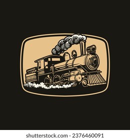 Vintage steam train locomotive, engraving style logo badge vector illustration