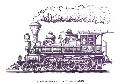 Vintage steam train locomotive, engraving style vector illustration. Hand drawn sketch retro transport