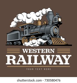 Vintage Steam Train Locomotive, Engraving Style Vector Illustration. Logo Design Template.