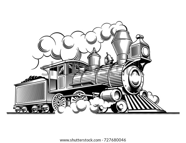 ビンテージ蒸気機関車 彫刻型ベクターイラスト のベクター画像素材 ロイヤリティフリー 727680046