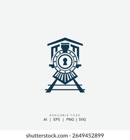 Vintage vapor locomotiva de trem com furo na frente, símbolo clássico do motor ferroviário com ícone de chave integrado, visão frontal do trem retro com fechadura do furo