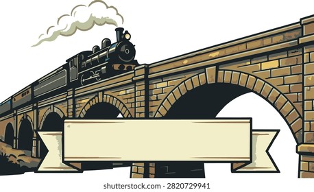 Vintage steam train on stone arch bridge illustration with blank ribbon banner