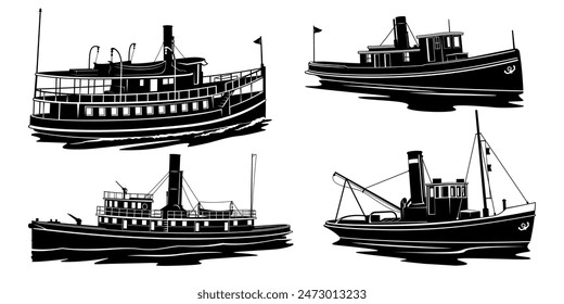 Vintage Steamboats Silhouettes. Vector cliparts isolated on white.