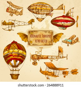 Vintage steampunk aviation colored sketch decorative icons set with zeppelin balloon and airplane isolated vector illustration