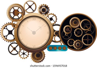 Vintage steampunk clock, or circle frame with mechanical cogs, gears. Menu invitation