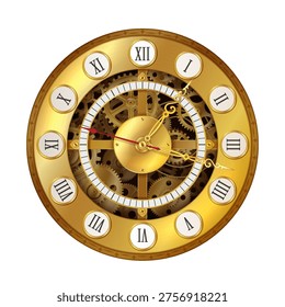 Vintage steampunk clock face with intricate gear design. Golden tones dominate the mechanical elements, highlighting a classical theme with Roman numerals on white.