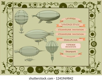Vintage steampunk, frame background, airship, banner, invitation cogs and gears