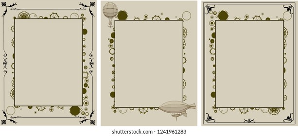 Vintage Steampunk frame border background, cogs and gears invitation letter, wings and airship