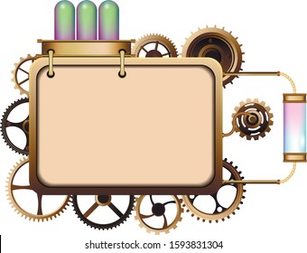 Vintage, steampunk frame with flask, bulb, cogs, gears and glass. Menu invitation.