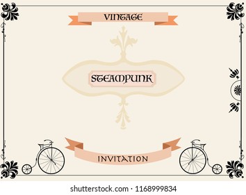 Vintage steampunk frame, metal isolated menu sign. London poster illustration of rusty grunge collage, airship cogs, dark elements, wheels and gears