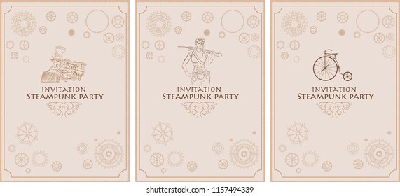 Vintage steampunk frame set. Background train, girl, clock, bike, cogs, gears. Invitation letter