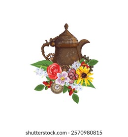 Vintage Steampunk hand drawn illustration of a coffee pot with flowers and a clock