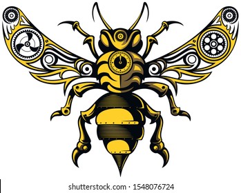 Vintage, steampunk style bee illustration and t-shirt design, isolated on white background