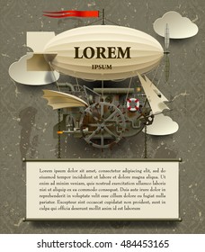 Vintage Steampunk template with a complex fantastic flying ship. Web page design in retro and grunge style. Vector Illustration