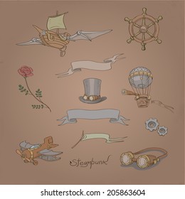 Vintage Steampunk vector design set with flower, ship wheel, rose, ribbons and airplane