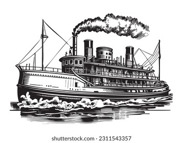 Vintage steamship sketch hand drawn in doodle style Transportation