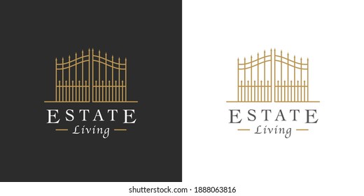 Vintage steel gate line icon. Upmarket lifestyle security estate symbol. Luxury real estate logo. Classic wrought iron property entrance sign. Vector illustration.