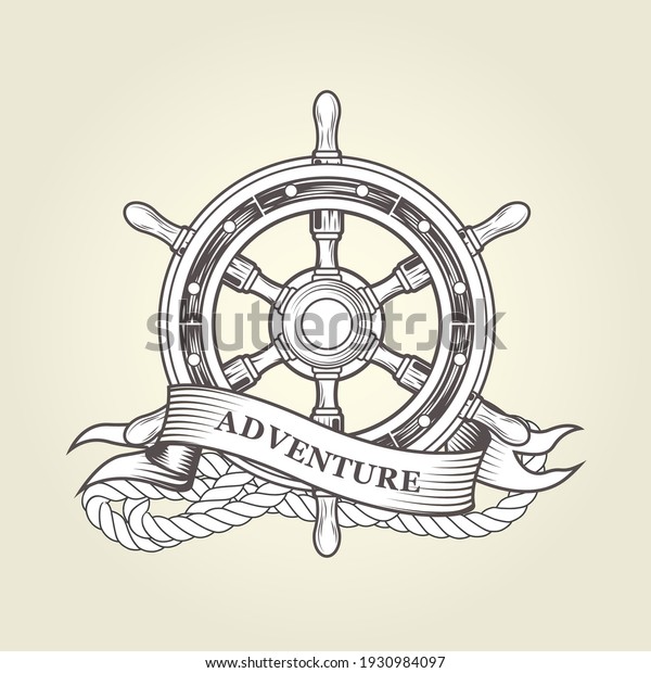 Vintage steering wheel, marine control column\
badge, adventure emblem,\
vector\
