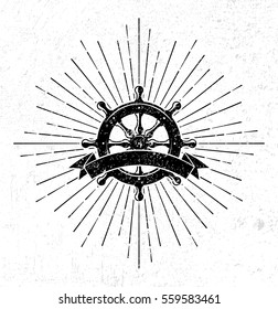 Vintage steering wheel symbol with scroll and sunburst on grunge background