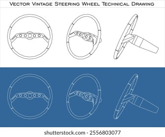 Vintage Steering wheel vector line technical drawing set. blueprint wireframe outline Automobile steer wheel isolated on transparent background