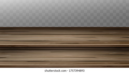 Vintage step tabletop, old junk wooden brown countertop with aged two-tier surface. Retro wood dining table, plank texture. Empty desk isolated on transparent background, realistic 3d vector mock up