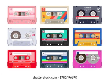 Vintage stereo cassettes flat icon set. Different retro audio tapes, old school media equipment isolated vector illustration collection. Outdated technology and music concept