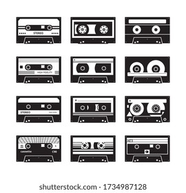 VIntage stereo recorder tape or retro music cassette from 80s - 90s ages black and white monochrome icons set, vector illustration isolated on white background.