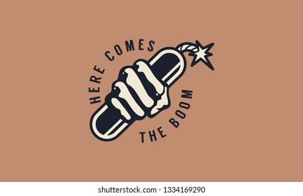 Vintage Sticker Hand Gripping Dynamite Vector Illustration