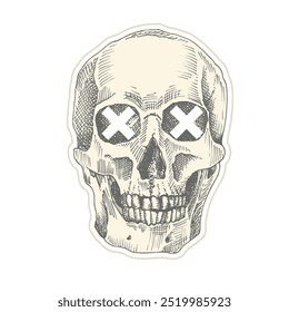 Vintage sticker human skull with white crosses. Art collage Zine Culture style. Hipster barber shop concept. Tattoo, t-shirt design Realistic hand drawn sketch. Skeleton head Vector illustration