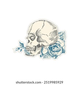 Vintage sticker human skull with wreath flowers rose. Art collage Zine Culture style. Hipster barber shop concept. Tattoo, t-shirt design Realistic hand drawn sketch Skeleton head Vector illustration