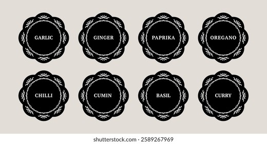 vintage sticker pack with round stickers and floral decor for storing spices in the kitchen. chili, paprika, curry, oregano