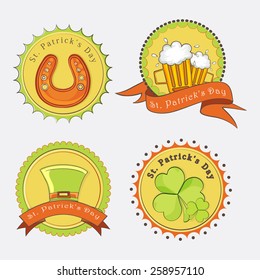 Vintage sticker, tag or label design with St. Patrick's Day elements on grey background.