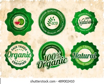 Vintage stickers set, 100% Organic products labels, Natural farm fresh products tags collection.