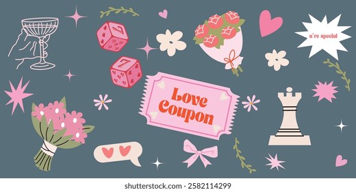 Vintage stickers for St. Valentine's Day on February 14 in retro 90s style. Love letters, hearts, presents, romantic symbols. Vector set.