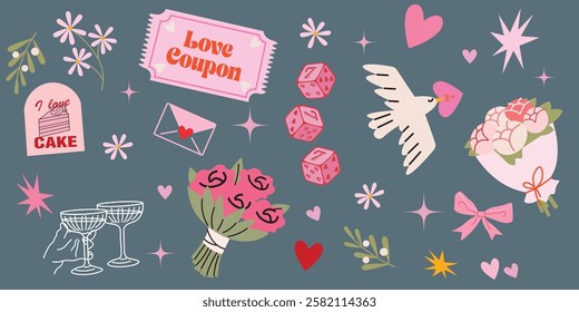 Vintage stickers for St. Valentine's Day on February 14 in retro 90s style. Love letters, hearts, presents, romantic symbols. Vector set.