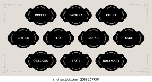 vintage stickers for storing spices in the pantry. a large set of beautifully shaped kitchen stickers