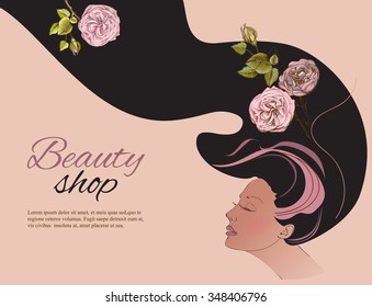  Vintage stile silhouette of beautiful girl with long hair and roses. Vector illustration