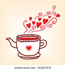 Vintage stile tapot with harts. Valentines day card.