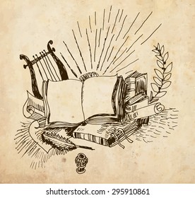 Vintage still life with symbols of different types of art. Book, harp, ancient pen and inkwell. Drawing of hand. Vector format